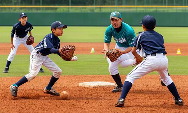 奈良の野球グラウンドで内野守備を指導するコーチと中学生選手