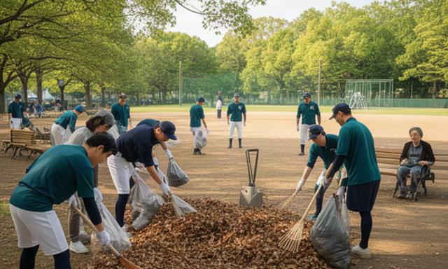 奈良の公園で地域の方々と清掃活動を行う野球チーム