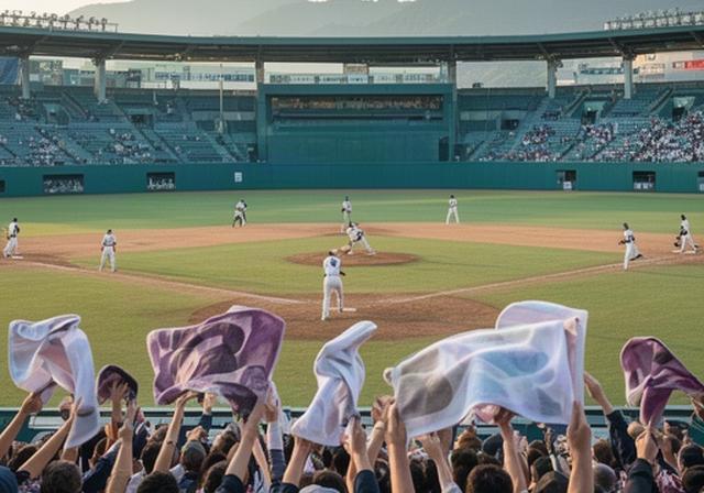 奈良の球場で応援タオルを掲げるファンとグラウンドの選手たち