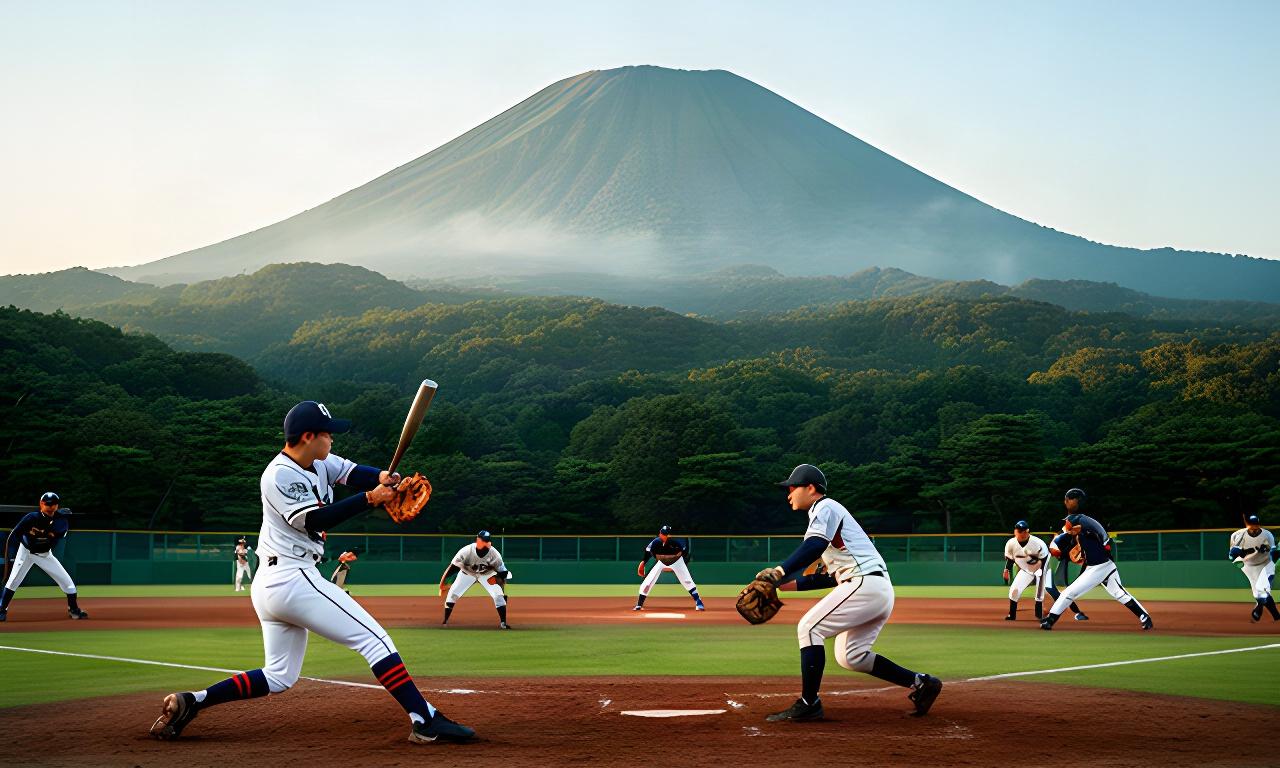 奈良公園の若草山を背景にグラウンドでプレーする地域野球チームの選手たち