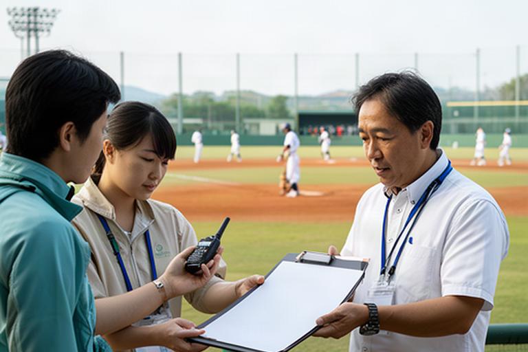 試合前の奈良の野球場で予定を確認する運営スタッフ