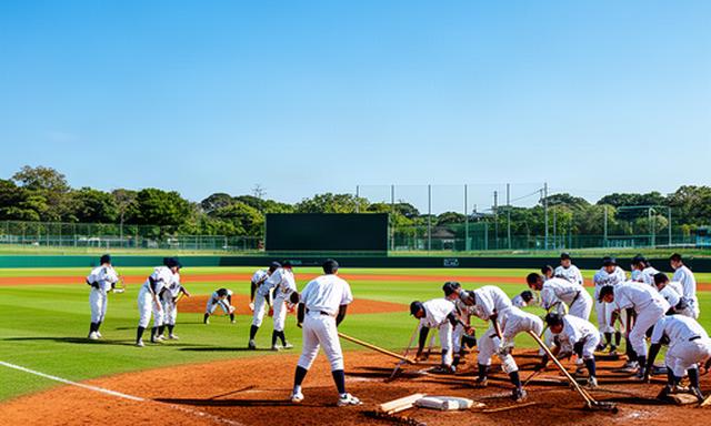 奈良の野球場で試合前にグラウンドを整える選手たちと青空の風景