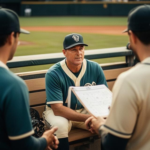 野球場のベンチで試合前の指示を確認する監督