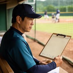 ベンチで選手名簿を確認するコーチのYoji 大内