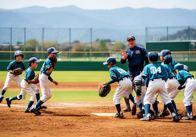 奈良の野球場で少年選手とコーチが合同練習を行う様子