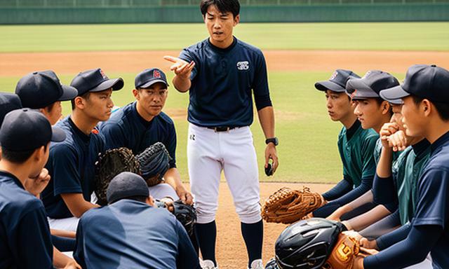 高校野球部のベンチ前で戦術を話す男性スタッフと選手