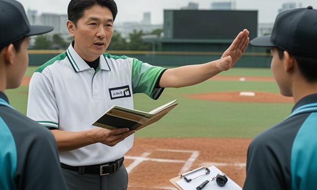 野球場でルールブックを手に判定を説明する審判講師